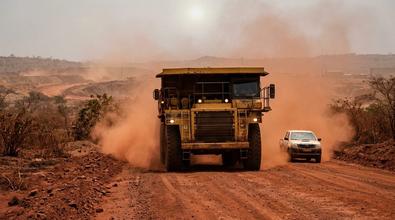 Haul truck raising dust on a laterite road