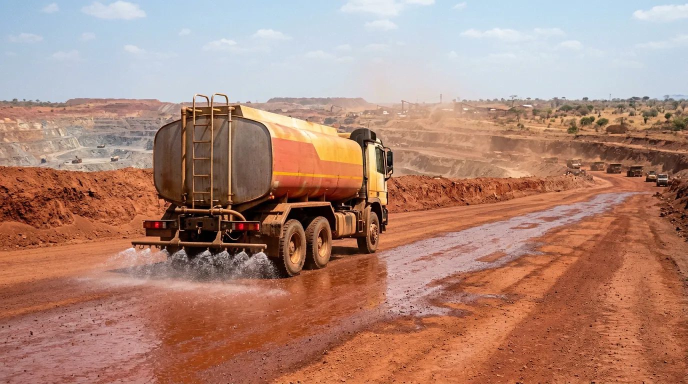 Water truck spraying a red haul road