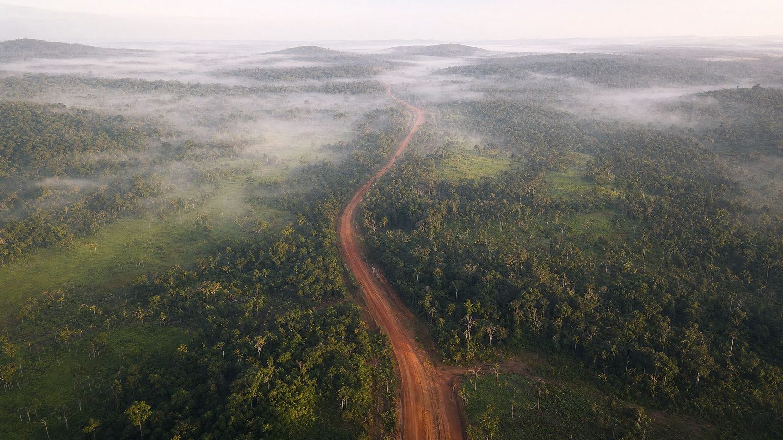 Aerial: red road through trees and savanna