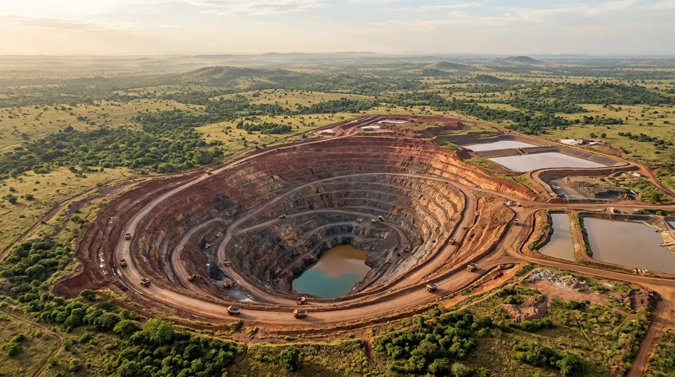 Aerial: open pit mine, green savanna around it