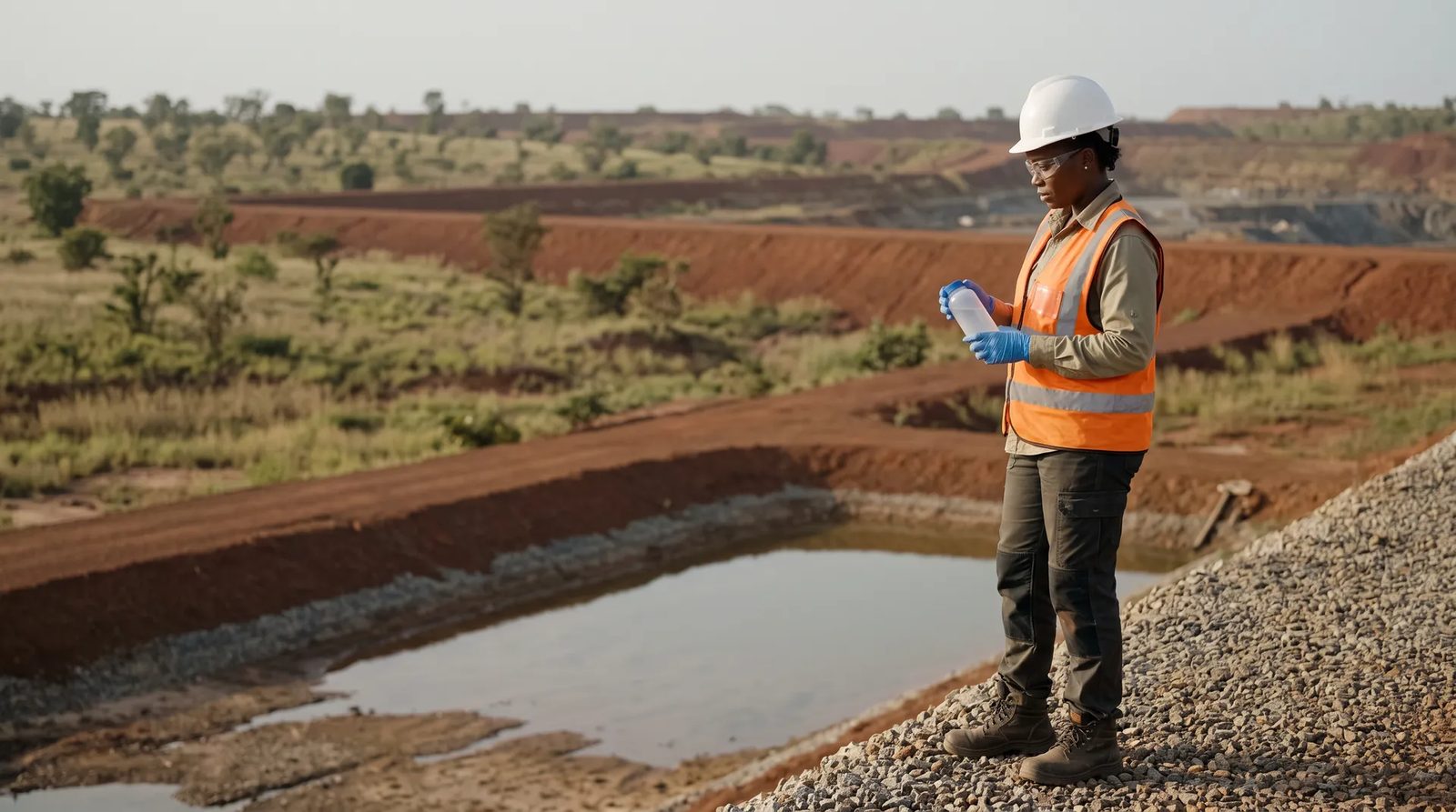 Technician sampling water at a pond