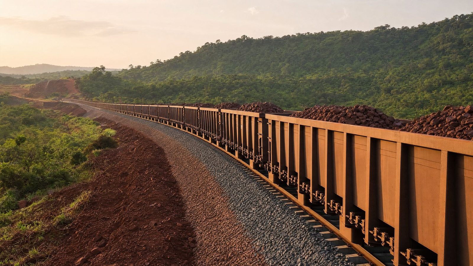Ore train or rail line through hills