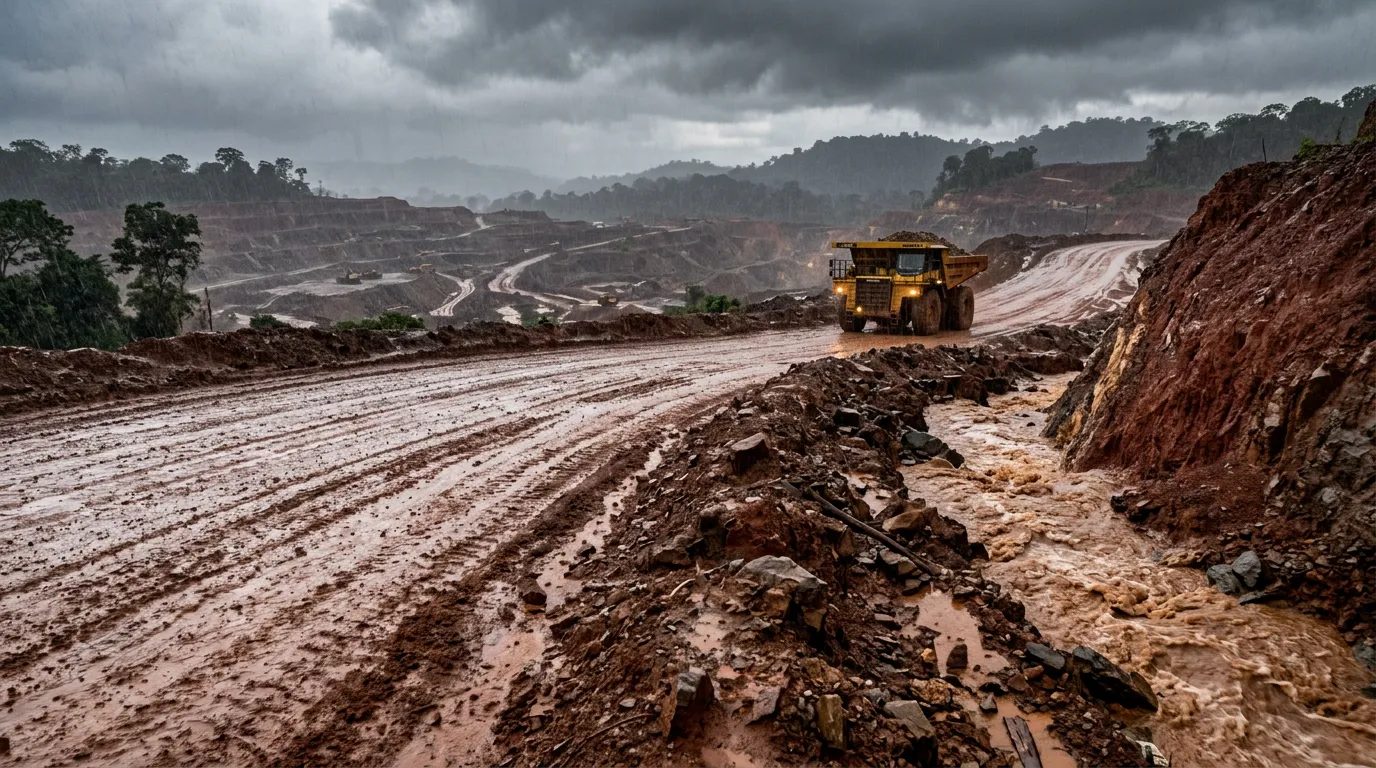 Muddy haul road in the rainy season