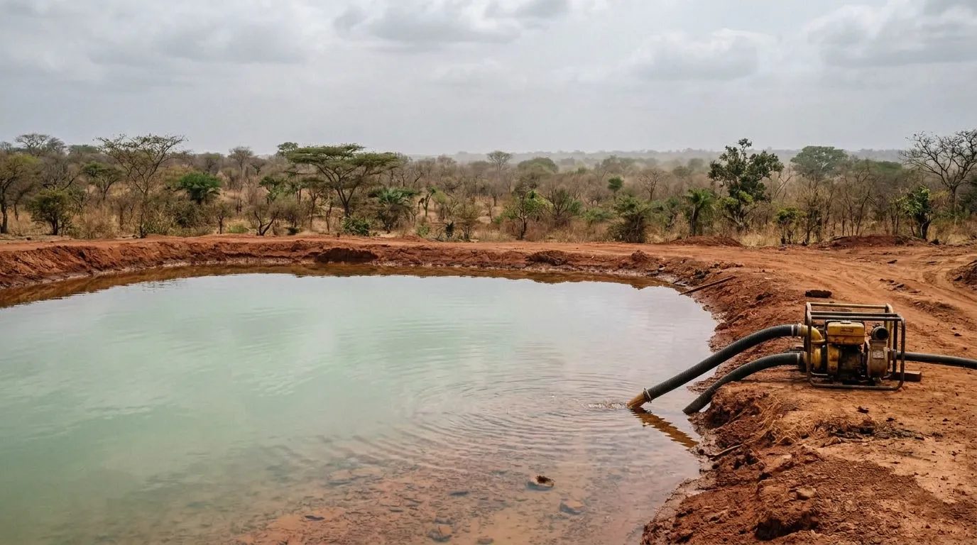 Settling pond with a pump on red ground